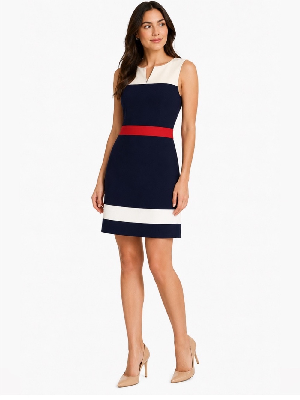 Hawthorne Sleeveless Navy Colorblock Sheath Dress with Red Waist